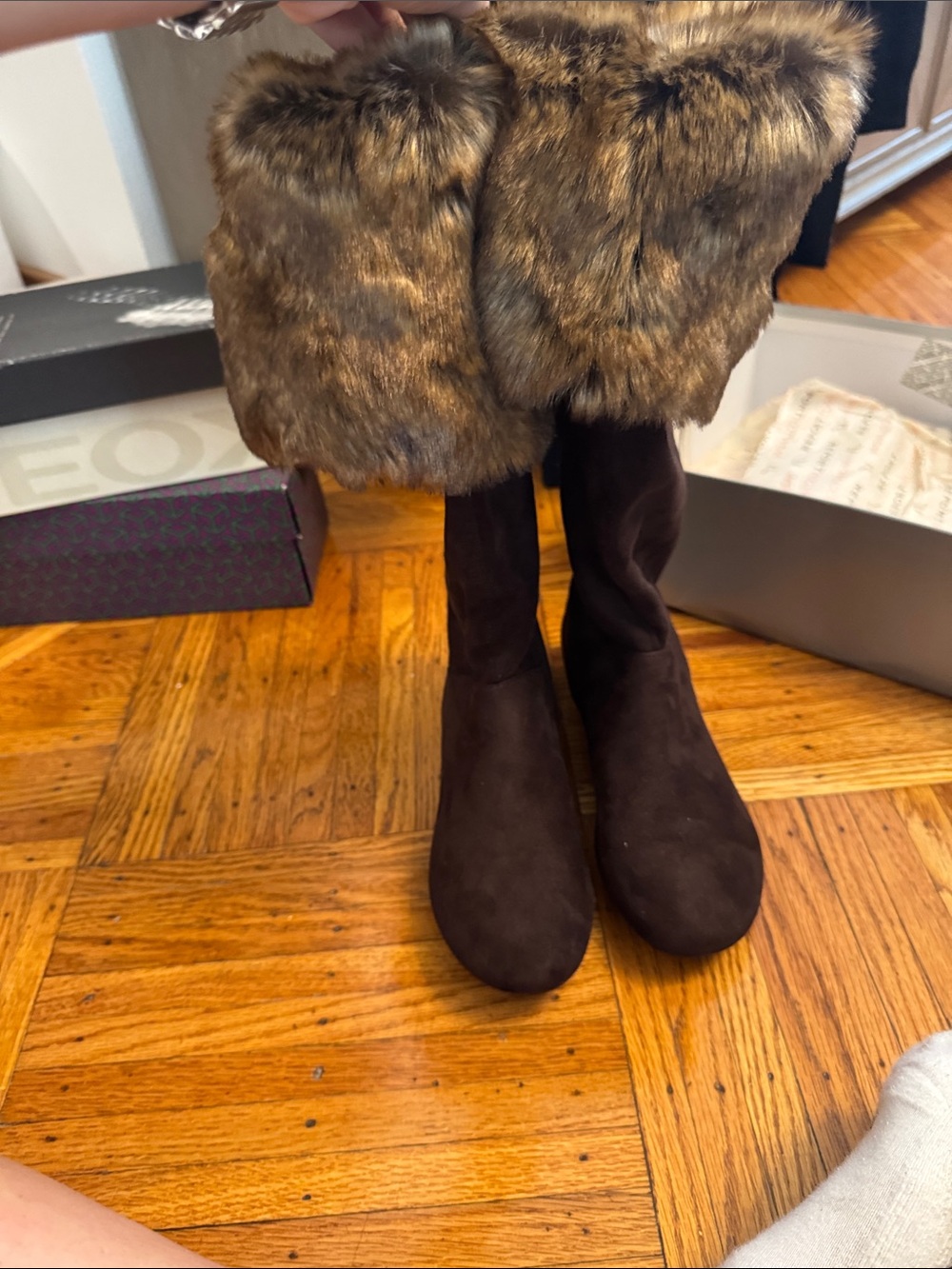 Over-The-Knee Faux Fur Trim Boots in Dark Brown